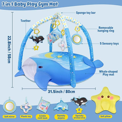 Dr.Rapeti 31x31inch Baby Play Mat, Activity Baby Play Gym with Arch, Playmats & Floor Gyms, Detachable Mirror and Squeaky Soft Set, Thick Non-Toxic Playmats