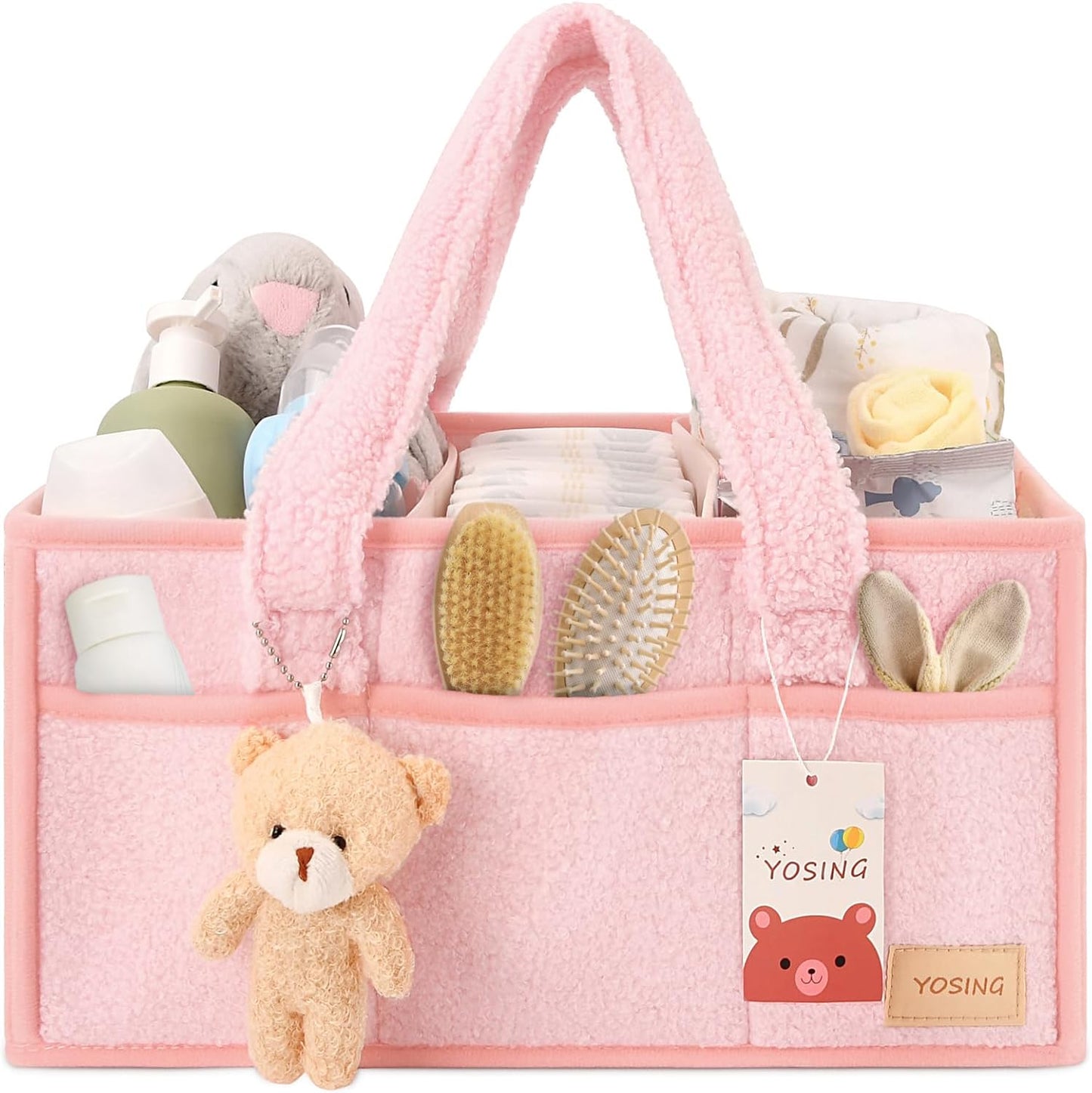 YOSING Cute and Playful Pink Diaper Caddy Organizer, 13 Compartments, Adjustable, Baby Diaper Caddy for Car, Changing Table, Nursery Storage, Car Organizer for Diapers and Baby Wipes