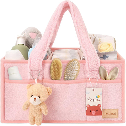 YOSING Cute and Playful Pink Diaper Caddy Organizer, 13 Compartments, Adjustable, Baby Diaper Caddy for Car, Changing Table, Nursery Storage, Car Organizer for Diapers and Baby Wipes