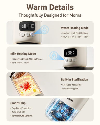 Portable Bottle Warmer for Travel,Typ-C&AC Dual Power Mode with Built-in Sterilizer,Baby Milk Warmer On The Go and 120W Fast Heating Breastmilk,Formula,Water,3” Wide Mouth&17oz Large Capacity