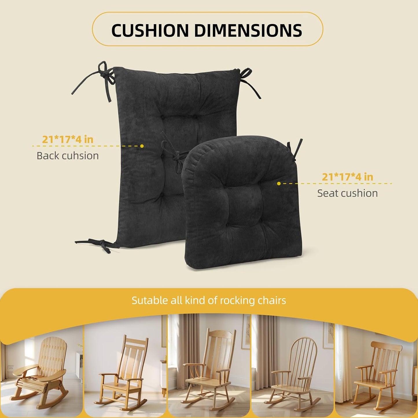 Millsilo Rocking Chair Cushions 3-Piece Set with Neck Pillow, Indoor Rocker Comfortable Tufted Non-Slip Pads with Ties, High-Density Foam Cushion for Adirondack Glider Chair, Orange, 52 x 19 x 4 Inch