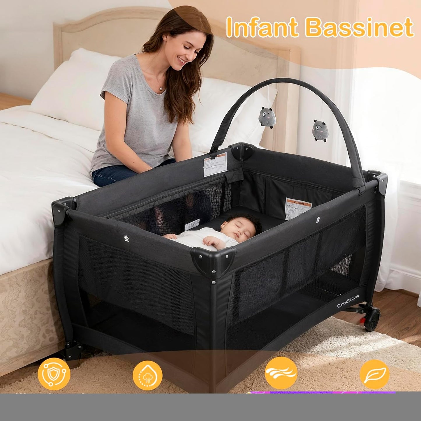 3 in 1 Pack and Play, Baby Bassinet, Changing Tabler - Portable Baby Playpen for Babies and Toddlers, Foldable Playard with Locking Wheels & Storage Diaper Basket(Black)