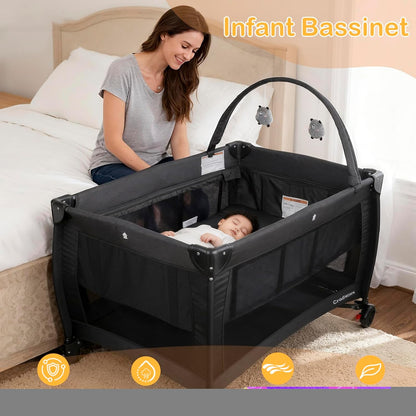 3 in 1 Pack and Play, Baby Bassinet, Changing Tabler - Portable Baby Playpen for Babies and Toddlers, Foldable Playard with Locking Wheels & Storage Diaper Basket(Black)