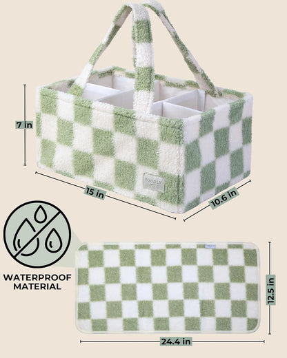 Baby Diaper Caddy Organizer with Portable Changing Mat - Teddy Fleece Diaper Organizer for Changing Table - Basket for Changing Essentials - Baby Essentials Organizer with Removable Dividers