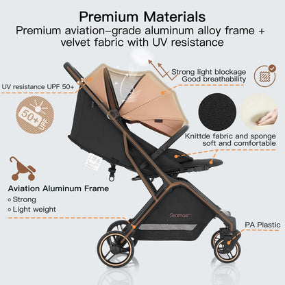 Gromast Gravity Folding Baby Stroller - Portable Travel Toddler Stroller w/Adjustable Backrest, Canopy & Cup Holder, Lightweight and UV Protected, One-Hand Automatic Folding - Green