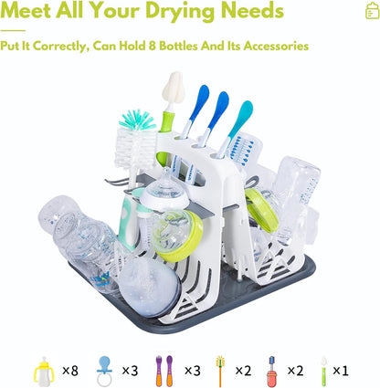 CAREBABYMORE High Capacity Drying Rack with 5pcs Brushes, Deluxe Countertop Drying Rack, Universal Drying Station, Baby Bottle Drying Rack with Bottle Brushes, White