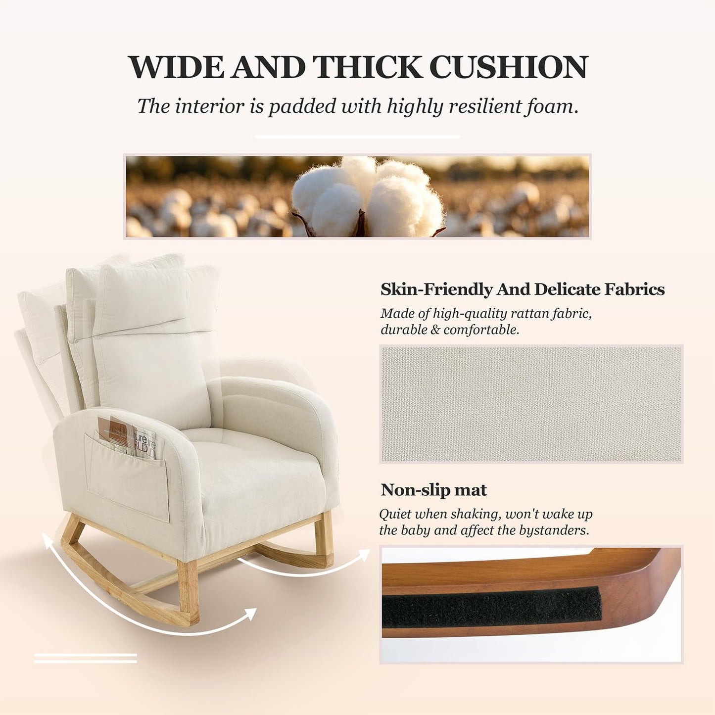 Rocking Chair Nursery, Glider Chair with High Back and Side Pocket, Solid Wood Frame Armchair with Non-Slip Padding for Nursery, Living Room, Bedroom (Ivory)