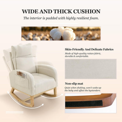 Rocking Chair Nursery, Glider Chair with High Back and Side Pocket, Solid Wood Frame Armchair with Non-Slip Padding for Nursery, Living Room, Bedroom (Ivory)