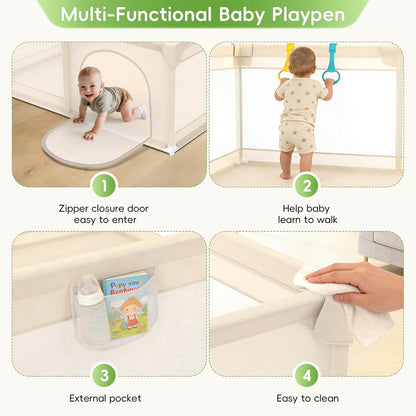 Baby Playpen with Mat 79x71inch - Extra Large Play Pen for Babies and Toddlers Indoor & Outdoor Baby Playard with Soft Breathable Mesh Cover - Sturdy Foam Infant Gate Playpen(Apricot)