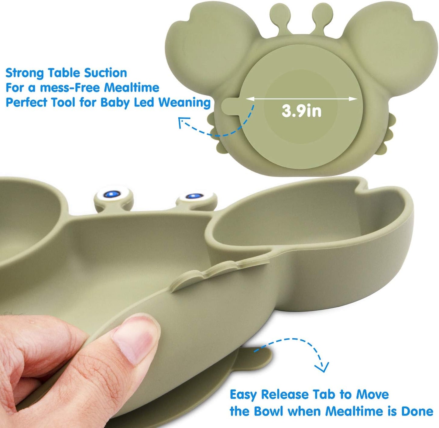 Silicone Suction Plate for Toddlers with Fork Spoon Set - Self Feeding Training Divided Plate Dish and Bowl for Baby and Toddler, Fits for Most Highchairs Trays (Green)