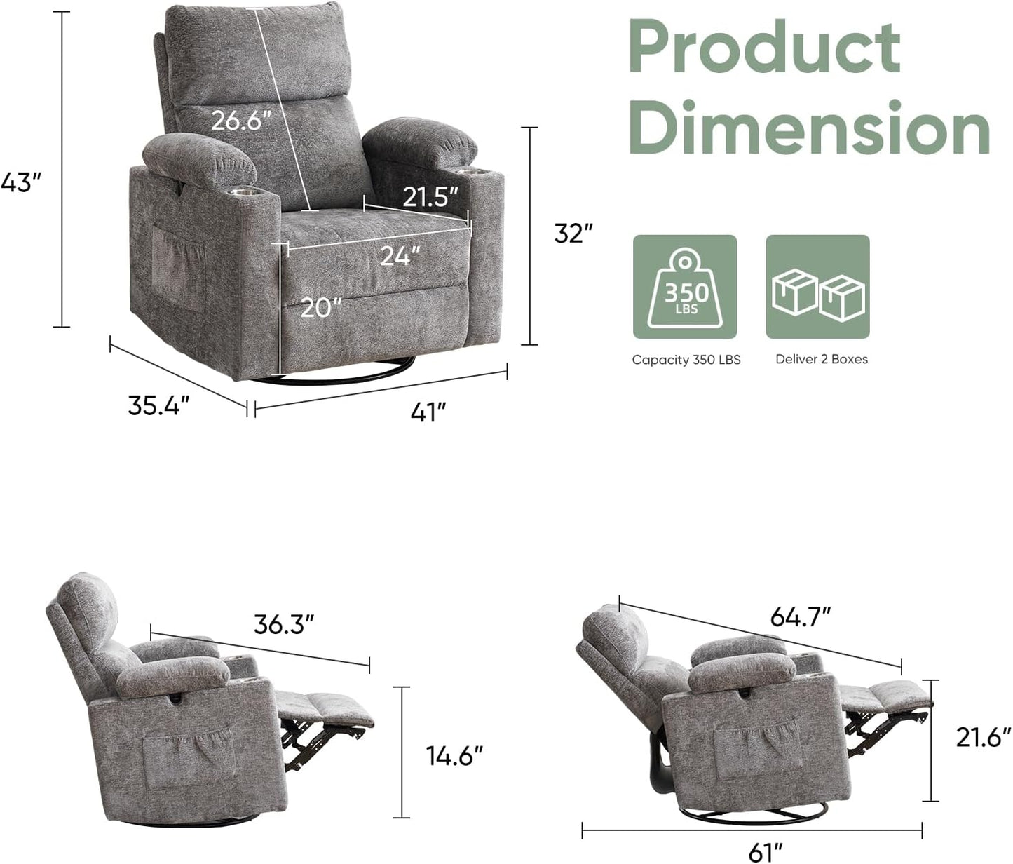 Rocking Chair Nursery with Adjustable Armrest for Breastfeeding, Glider Recliner Nursery Chair with Massage and Heat, Power Swivel Rocker Recliner with Adjustable Headrest, Corduroy, Beige