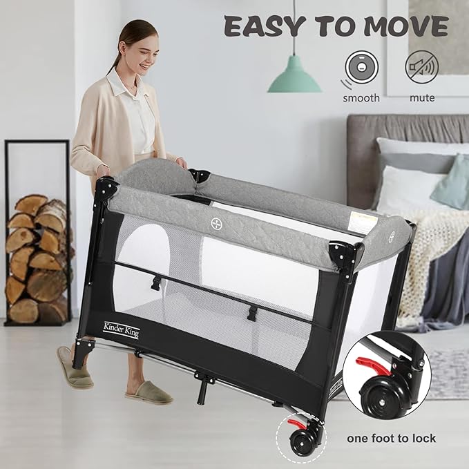 Kinder King 4 in 1 Portable Baby Playard, Foldable Baby Bedside Crib w/Bassinet, Infant Pack and Play Playard Toddler Large Playpen, Newborn Changing Table, Storage Basket, Grey