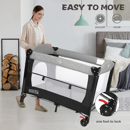 Kinder King 4 in 1 Portable Baby Playard, Foldable Baby Bedside Crib w/Bassinet, Infant Pack and Play Playard Toddler Large Playpen, Newborn Changing Table, Storage Basket, Grey