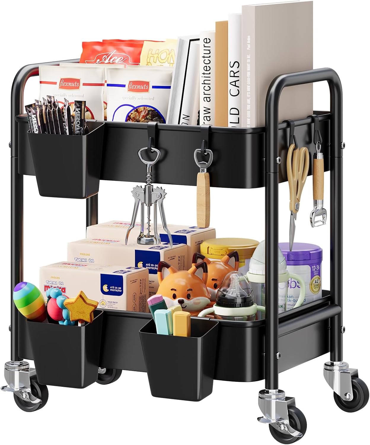 3 Tier Rolling Cart Metal with Lockable Wheels, Pink Three Tiered Diaper Caddy Cart Organizer on Wheels, Storage Utility Trolley Carts for Craft, Art, Nail, Lash, Baby Supplies, Cleaning, Mesh