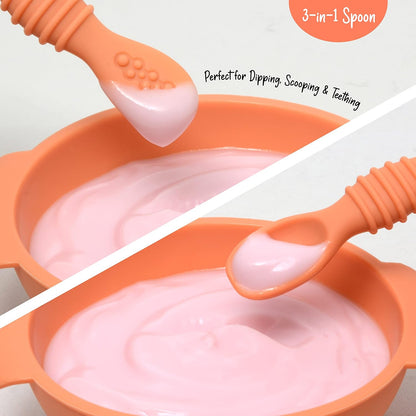 PrimaStella Unbreakable Silicone Non-Slip Bowl and Chew Spoon Set for Babies and Toddlers (Rainbow Swirl)