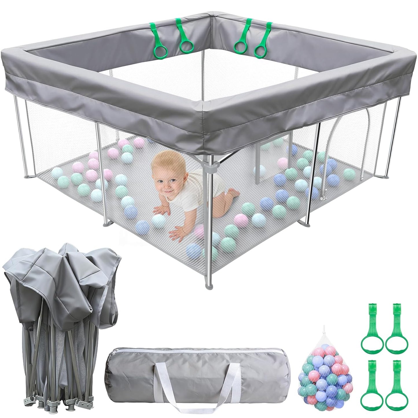 Foldable Baby Playpen, 50"×50" Collapsible Play Yard for Babies and Toddlers, No Assembly Required, Kids Safety Play Area with 4 Handles, 50 Balls and Visible Mesh, Black