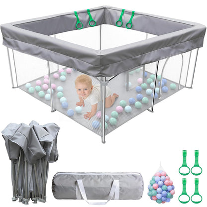 Foldable Baby Playpen, 50"×50" Collapsible Play Yard for Babies and Toddlers, No Assembly Required, Kids Safety Play Area with 4 Handles, 50 Balls and Visible Mesh, Black