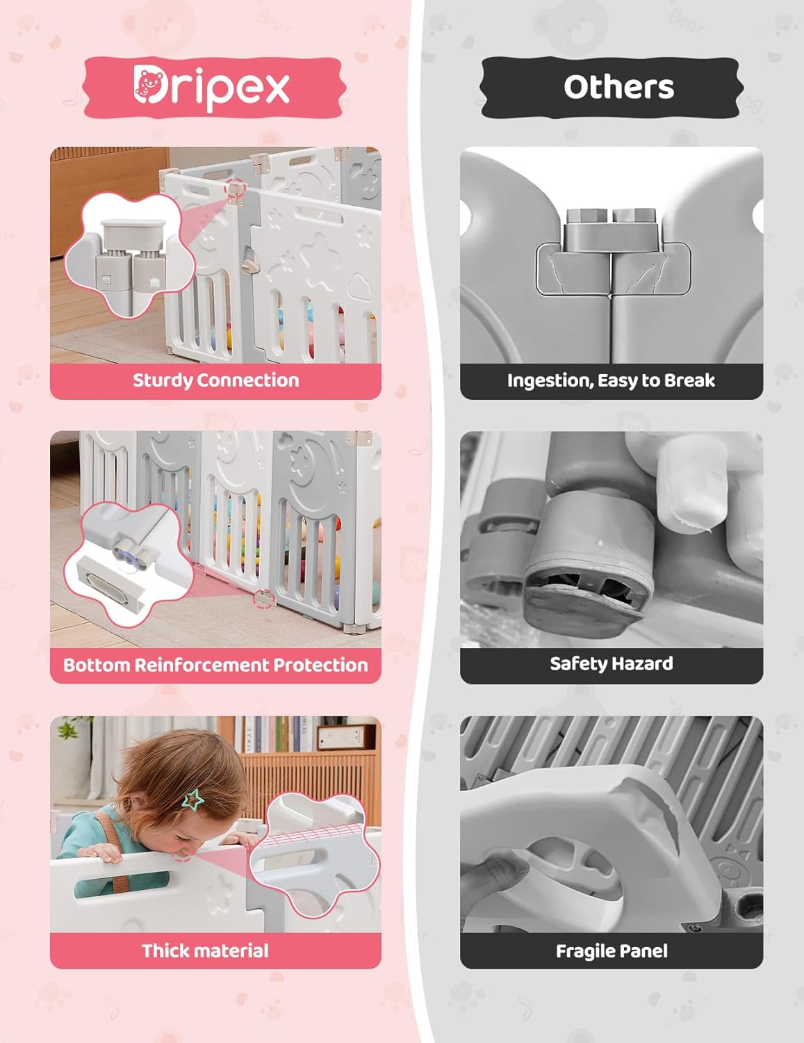 Baby Playpen, Dripex Baby Playard for Babies and Toddlers, 14-Panel Foldable Playpen Adjustable Portable Play Area, Indoor/Outdoor Kids Active Center with Game Panel & Safety Gate, Grey White