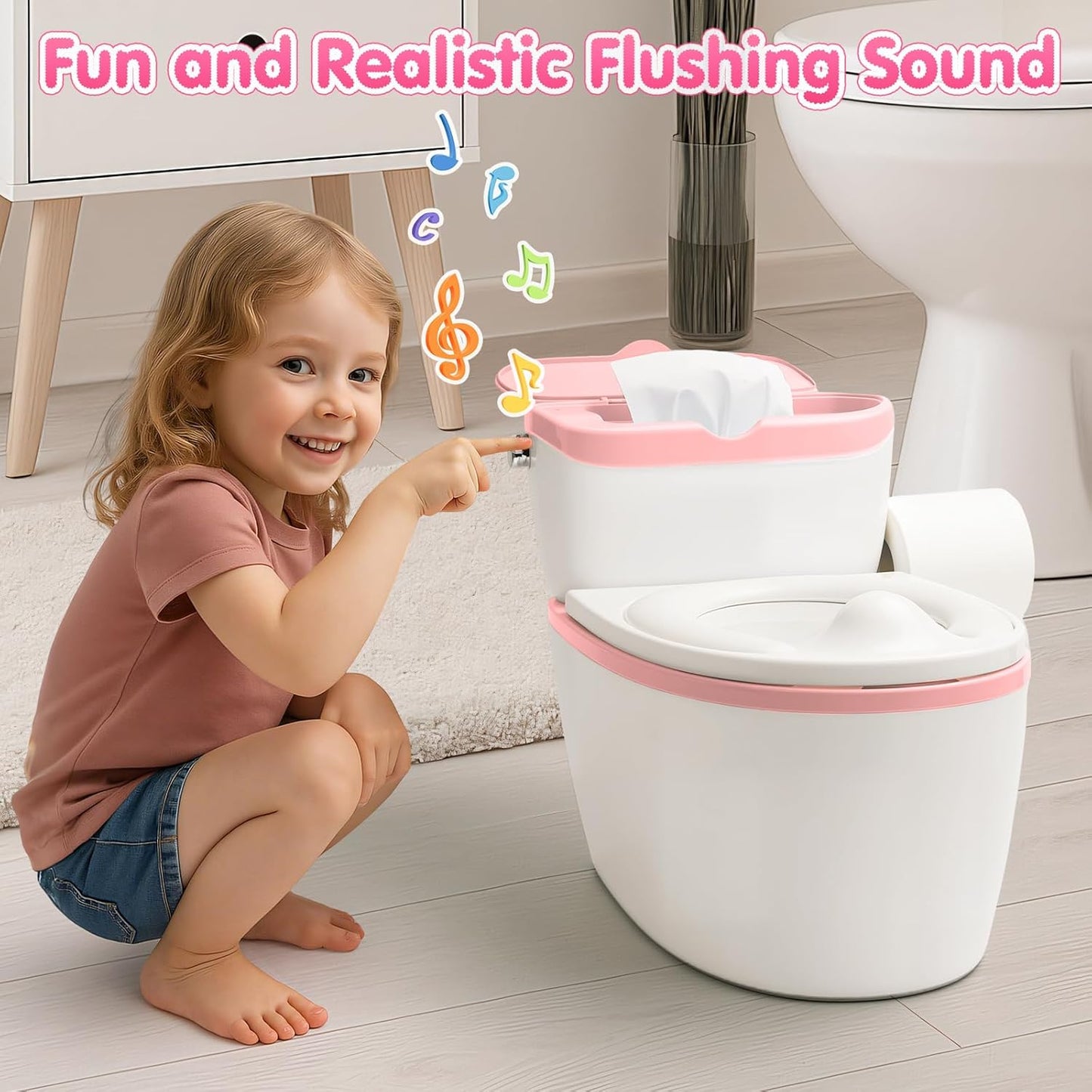 TOSGN 3-in-1 Toddler Potty Training Toilet, for Ages 6 Months+, Realistic Potty Training Seat with Flushing Sound, Wipes Storage, Toilet Paper Holder