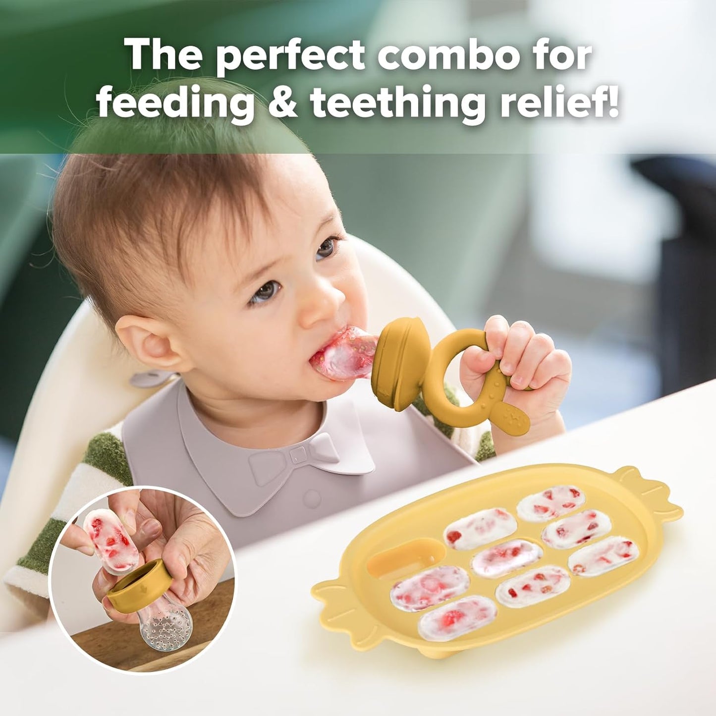 Haakaa Baby Fruit Food Feeder & Silicone Freezer Nibble Tray Combo - Breastmilk Popsicle Mold for Baby Cooling Relief, BPA Free Baby Mesh Food Feeder for Infant Self Feeding