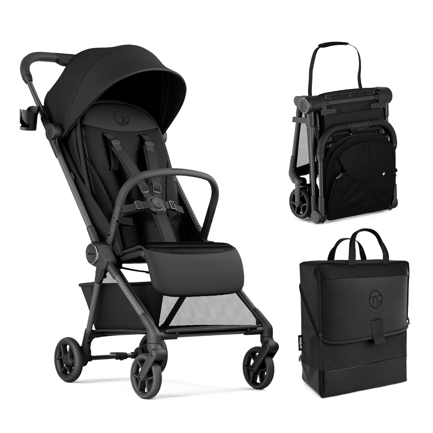 Mompush Nexis Carbon Travel Stroller, Ultra-Lightweight 11.5 lbs, Compact & Airplane Carry-On Approved, One-Second Auto-Fold, One-Hand Full Recline, from Birth to 50 lbs, JPMA Certified, Black