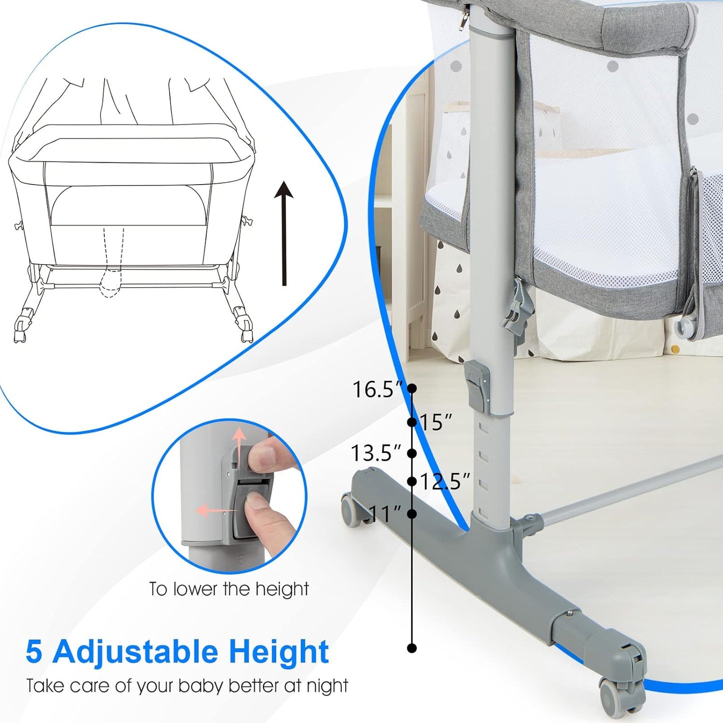 INFANS 3 in 1 Baby Bassinet, Bedside Sleeper for Newborn, Folding Crib with Mattress, Travel Bag, Wheels, 4-Sided Mesh, Easy to Assemble Cradle Co Sleeper Stationary, Rock (Dark Grey)