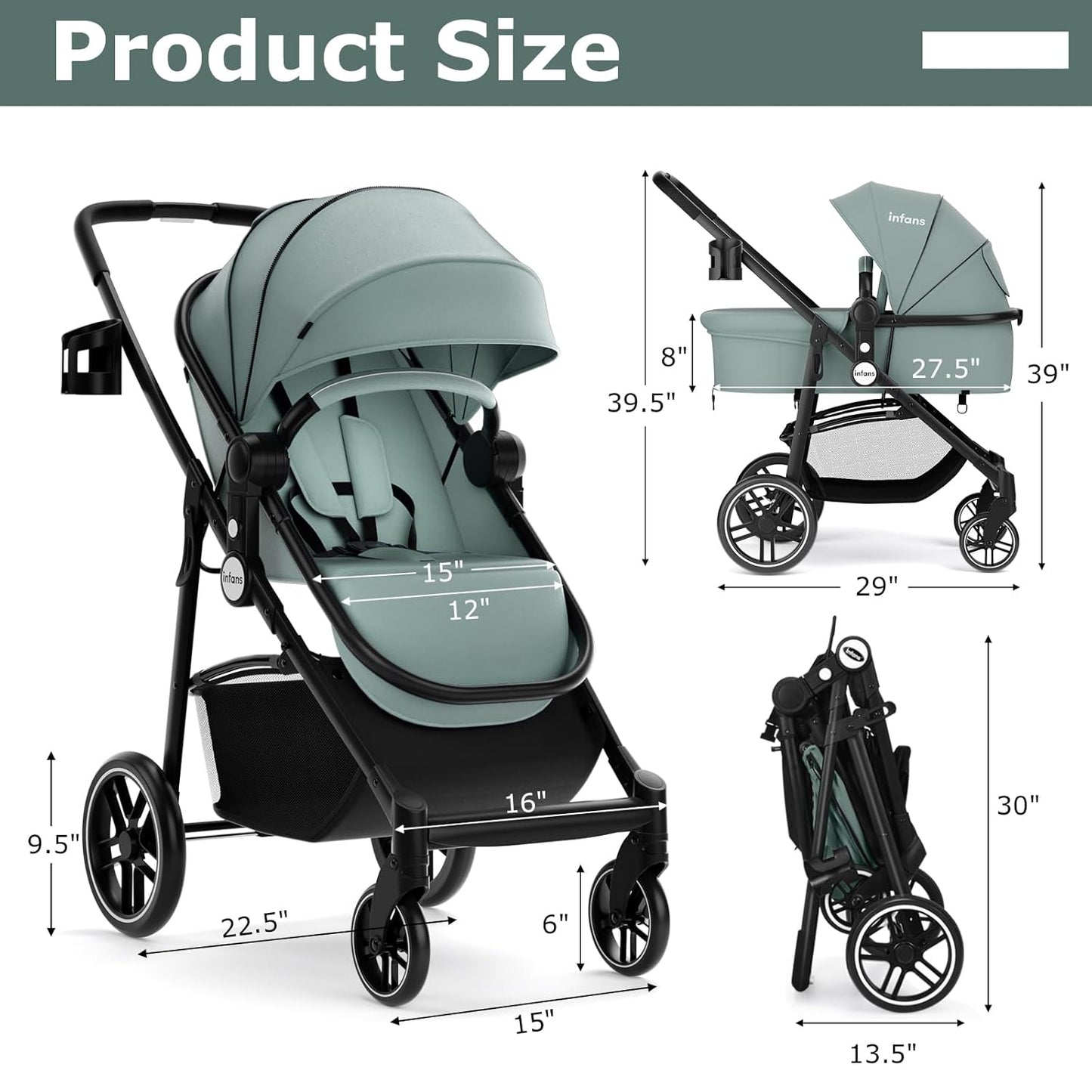 INFANS 2 in 1 Baby Stroller, High Landscape Infant Stroller & Reversible Bassinet Pram, Foldable Pushchair with Adjustable Canopy, Storage Basket, Cup Holder, Suspension Wheels (Black)