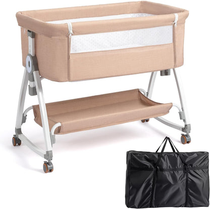 JOYMOR 3 in 1 Baby Bassinet, Bedside Bassinet for Baby, with Comfy Mattress and Wheels, 6 Height Adjustable Easy Folding Portable Bedside Crib for Newborn (Black)