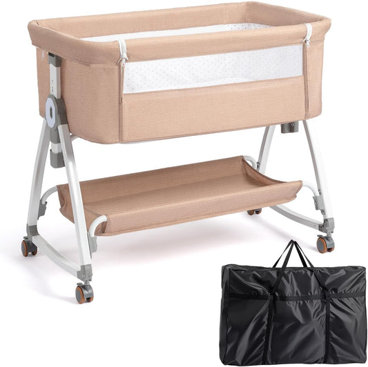 JOYMOR 3 in 1 Baby Bassinet, Bedside Bassinet for Baby, with Comfy Mattress and Wheels, 6 Height Adjustable Easy Folding Portable Bedside Crib for Newborn (Black)