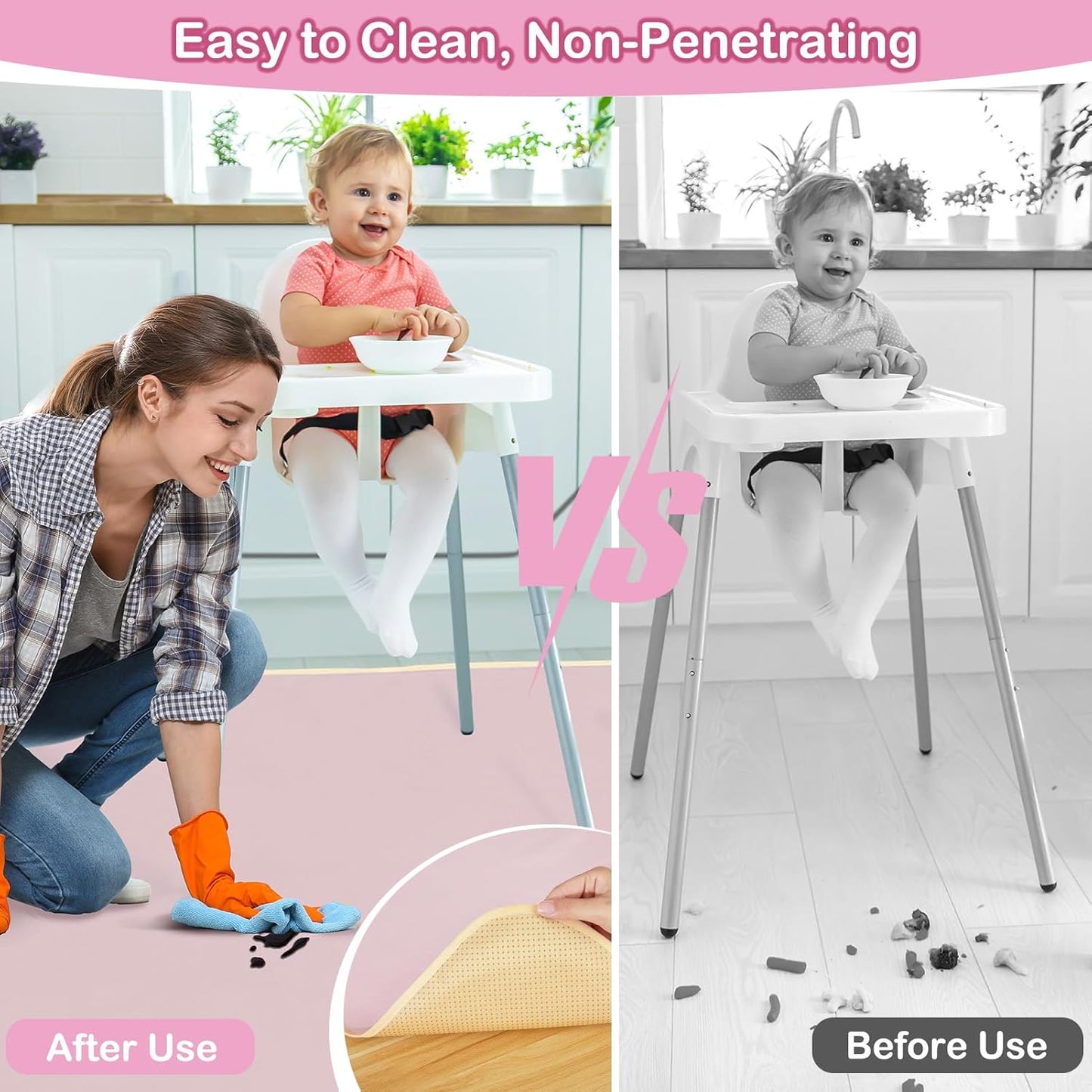 Basumee Splat Mat High Chair Mat Waterproof Baby Play Splat Mat for Under High Chair Food Catcher Highchair Mat for Floor Non Slip Bottom, Pink Rainbow, 46x42 Inches