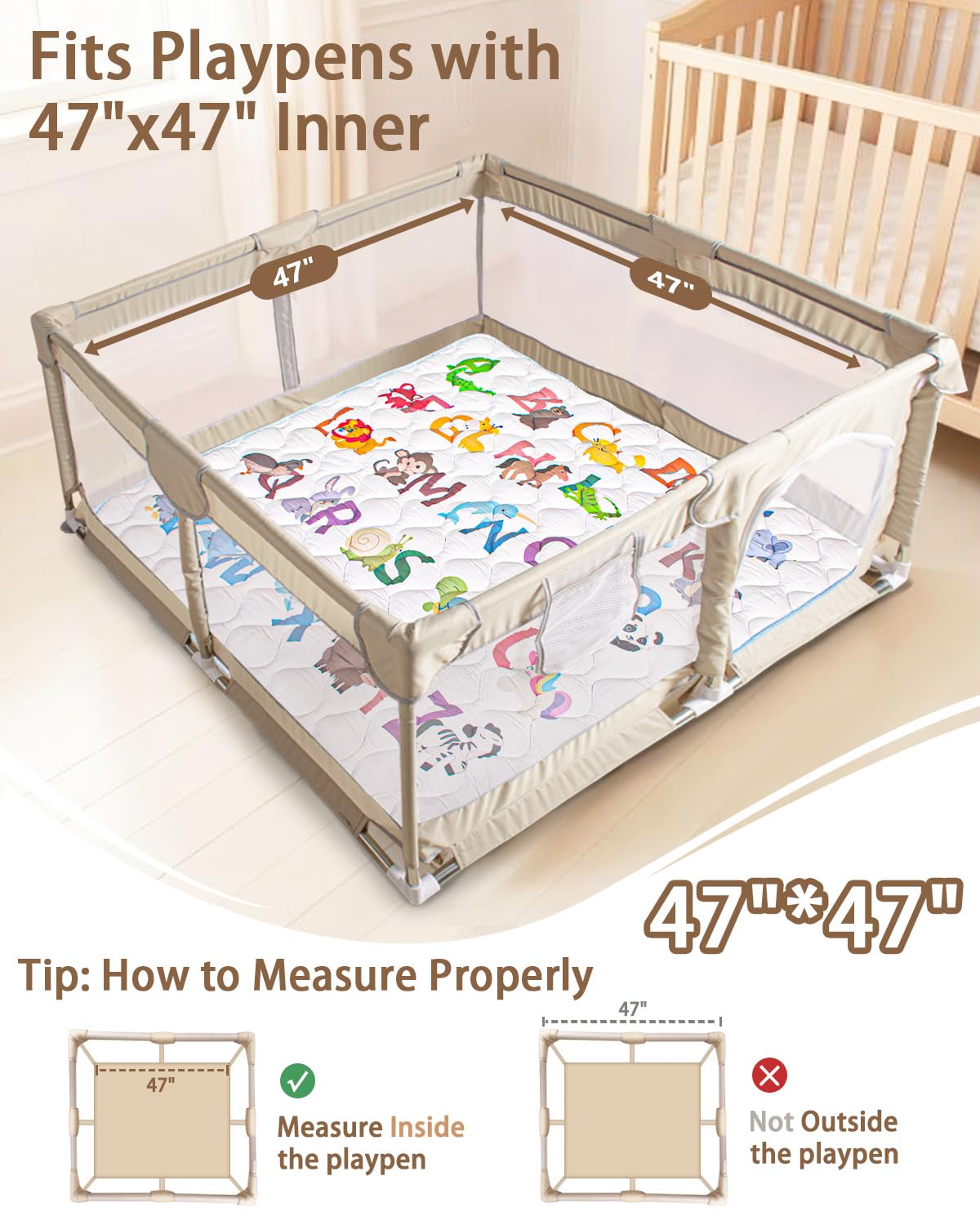 Baby Play Mat, 50x50 Playpen Mat with Super Soft Touch, Activity Mats with Upgraded Anti-Slip Bottom, Machine Washable Crawling Mats for Floor & Picnic (Animal Alphabets)