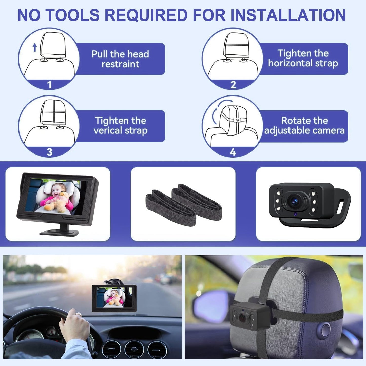 B-Qtech Baby Car Camera Monitor Night Vision HD 1080P Easy to Install 360° Rotating Car Baby Cameras for Back Seat Rear Facing View Infant Gift for Newborns