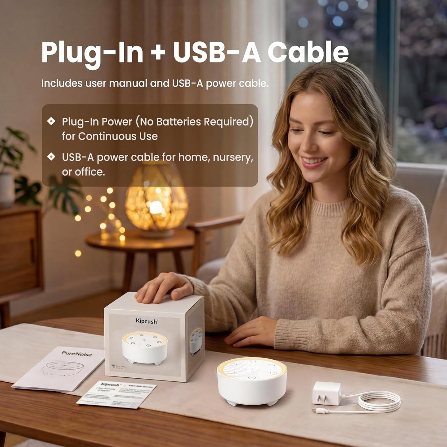 Kipcush White Noise Machine - 21 Soothing Non-Looping Sounds, Dimmable Night Light, & Blind-Touch Buttons | USB-Powered Portable Sleep Therapy for Babies, Adults, Office & Travel - White