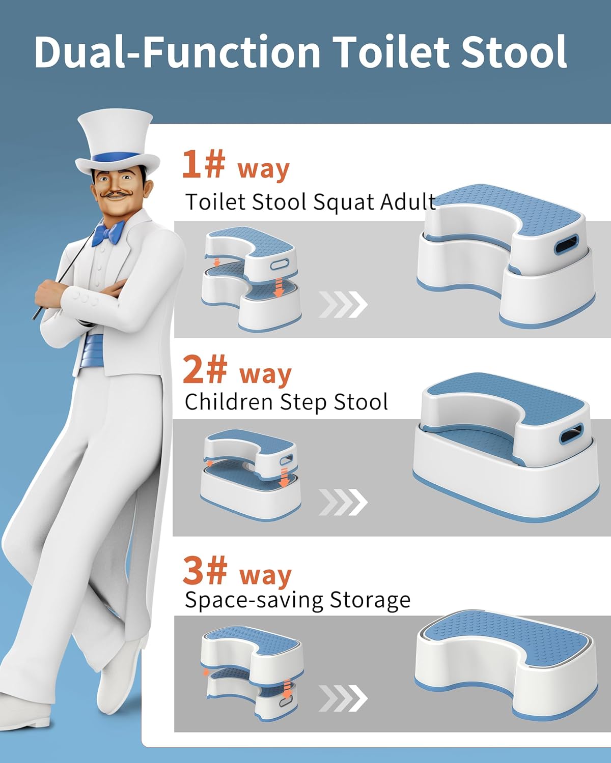MR.SIGA Toilet Stool Squat Adult, Bathroom Stool Heavy Duty, Anti Slip Toilet Step for Bathroom, Toddler Step Stool for Kids, Off-White & Dark Gray