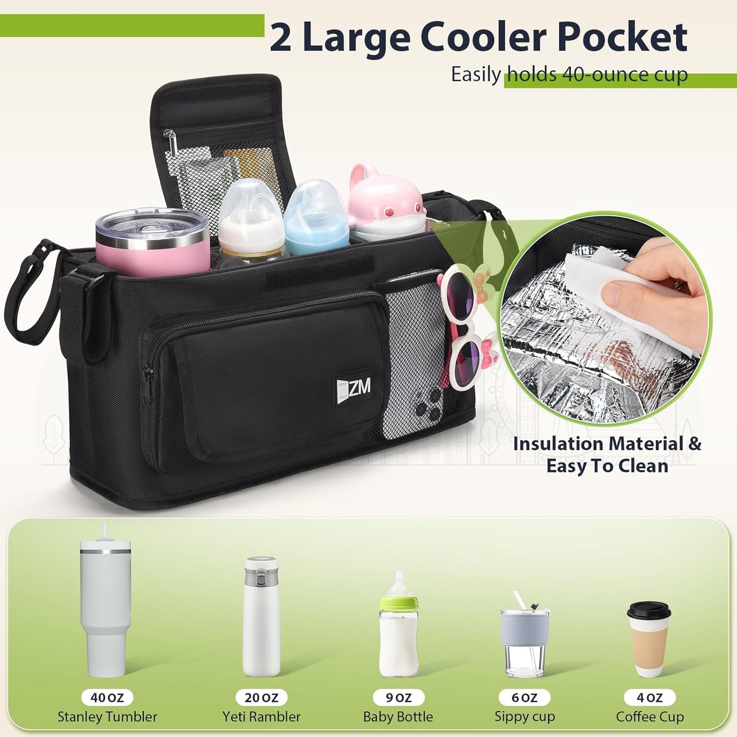 ZZM Parent Console Stroller Wagon Organizer Compatible with WONDERFOLD W2&W4&X, Jeep Deluxe Wrangler, EVER ADVANCED Wagon, Wagon Stroller Accessories with 2 Large Insulated Cup Holder(Empty Bag)