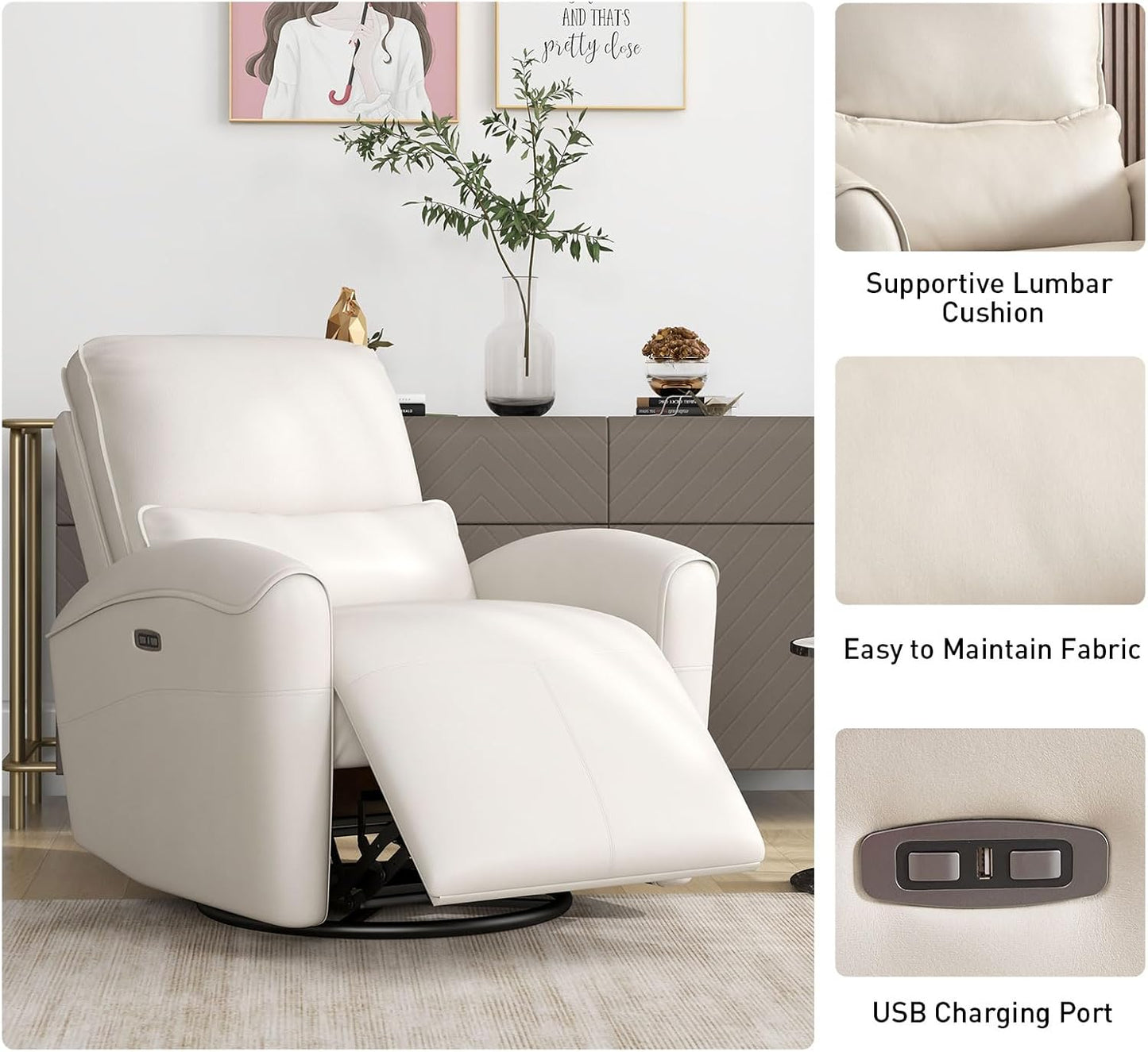 Bonzy Home Power Swivel Rocker Recliner Chair with USB Port, 23.2" Wide Seat, Fixed Lumbar Support, Upholstered Glider Chair for Nursery Living Room, Brown