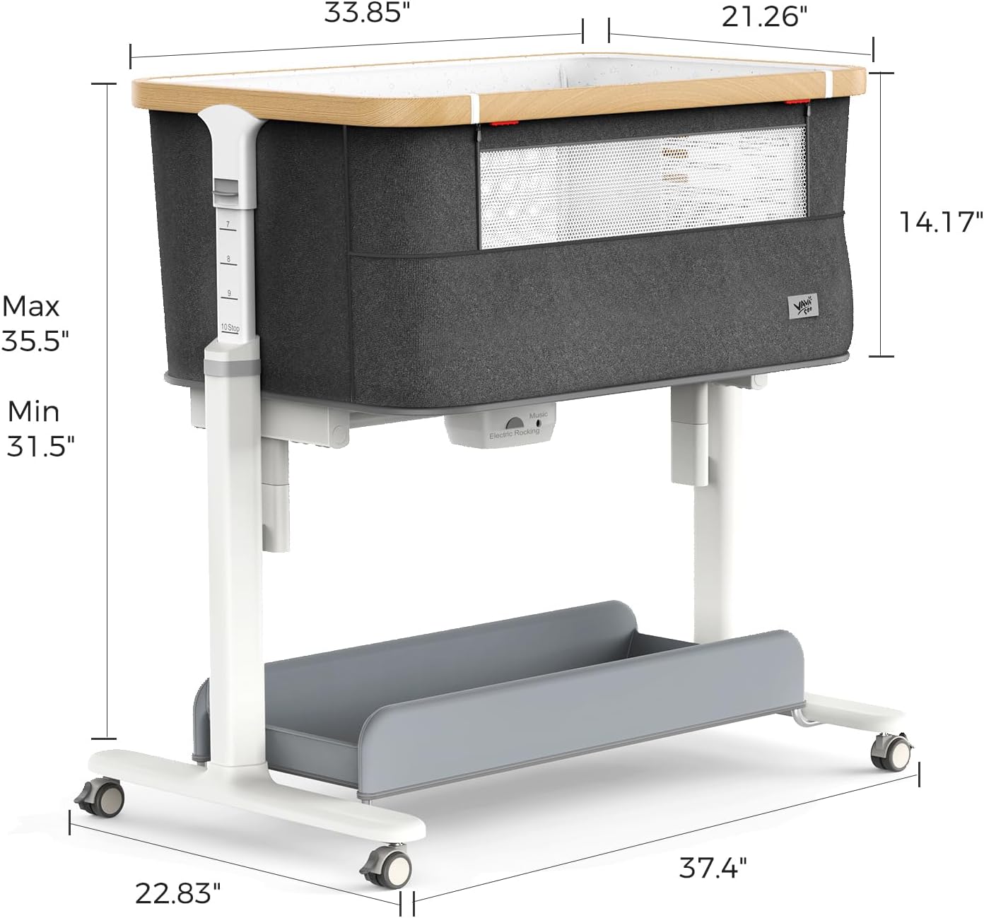 VaVaSoo Electric Rocking Bassinet for Baby Automatic Bedside Sleeper Rocks Itself 3 Speeds Auto Rolling Newborn Cradle 5 Height Adjustable with Music, Wheels, Storage, Dark Grey