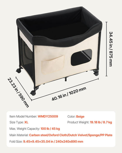 VEVOR Bedside Lounge Pet Bed, Foldable Bunk Dog Bed with 600D Oxford Cloth and Dutch Velvet, Portable Raised Cot with Wheels, Side Storage Bags, and Carry Bag for Cats & Dogs, L, Beige