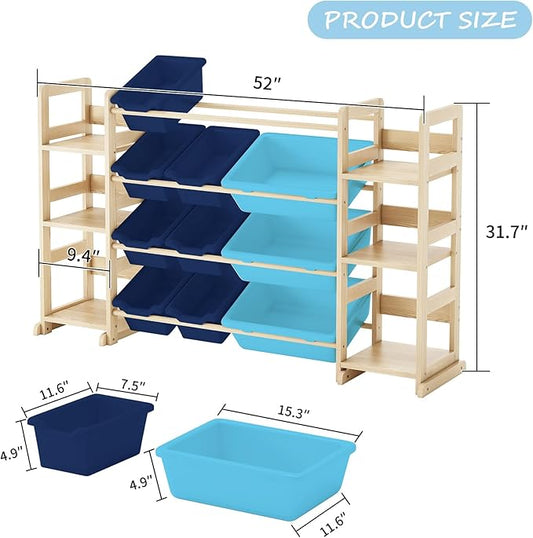 EXPERLAM Extra Large Toy Storage - Toy Storage Organizer, Wooden Toy Organizer with 6 Side Shelves and 12 Bins, 3-in-1 Bookshelf for Kids Rooms, Bedroom, Playroom, Nursery, Blue