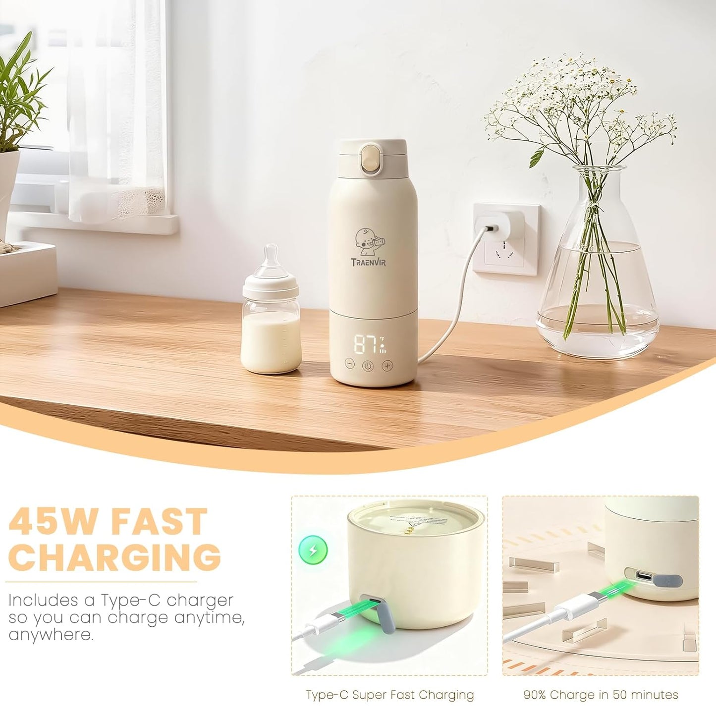 Portable Baby Bottle Warmer, Travel-Friendly with Detachable Battery Base, Type-C Fast Charge, 316 Stainless Steel, Touch Control, 8H Constant Temperature, Child Lock, 95-131°F
