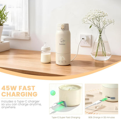 Portable Baby Bottle Warmer, Travel-Friendly with Detachable Battery Base, Type-C Fast Charge, 316 Stainless Steel, Touch Control, 8H Constant Temperature, Child Lock, 95-131°F