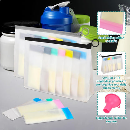 MUOUAKATE Protein Powder Travel Container Set - Reusable Powder Supplement Container To Go - 21pc Single Dose Bags and 3pc Large Travel Containers Zip Up Bags