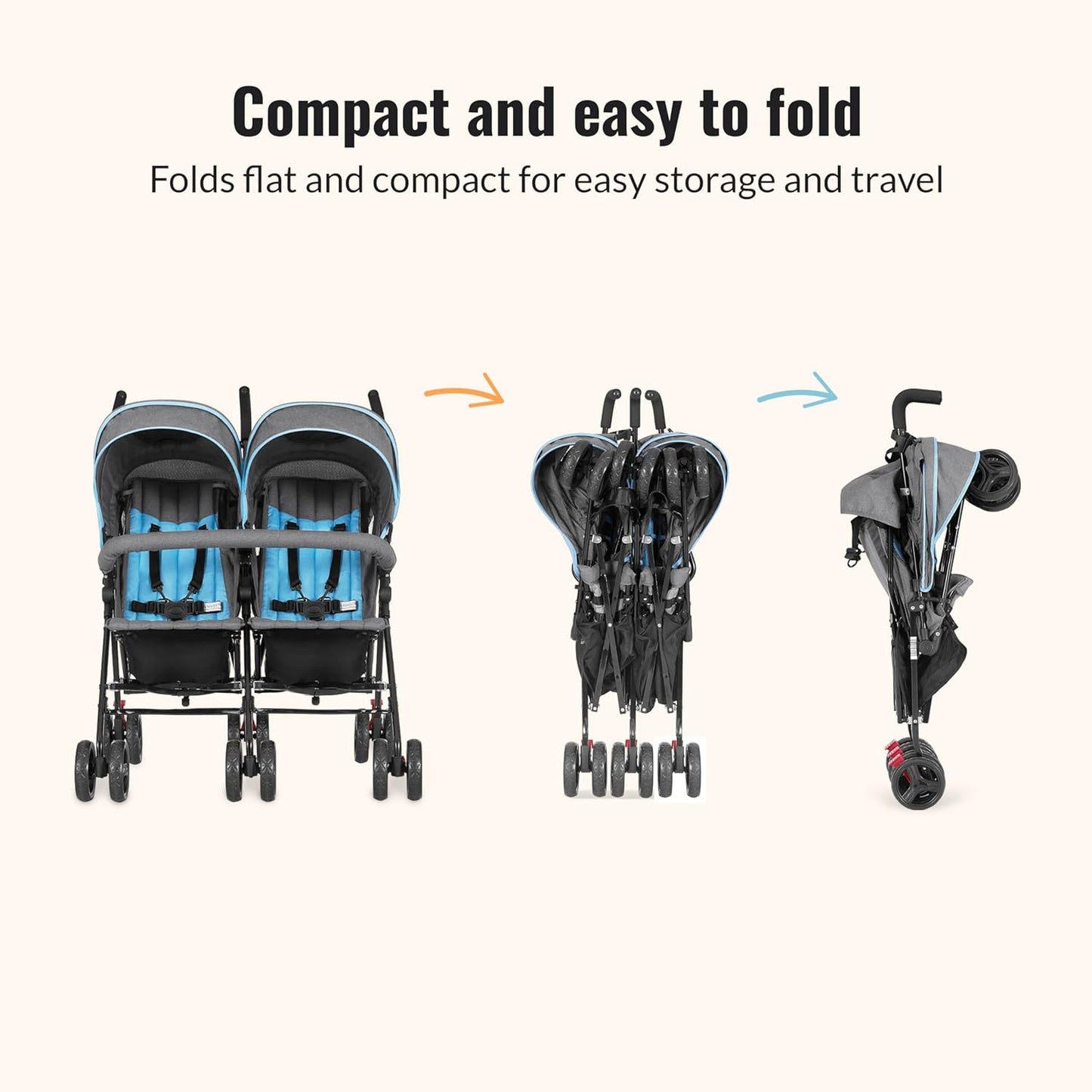 Dream On Me Volgo Twin Umbrella Stroller in Black, Lightweight Double Stroller for Infant & Toddler, Compact Easy Fold, Large Storage Basket, Large and Adjustable Canopy