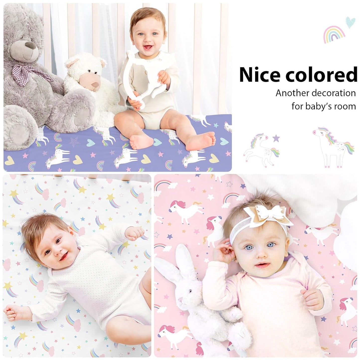 Baby Mini Crib Sheets Girl, Portable 38”x26” Pack and Play Sheets Fitted for Playard and Pack N Play Mattress, 3-Pack Soft Microfiber Pink Rainbow
