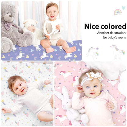 Baby Mini Crib Sheets Girl, Portable 38”x26” Pack and Play Sheets Fitted for Playard and Pack N Play Mattress, 3-Pack Soft Microfiber Pink Rainbow