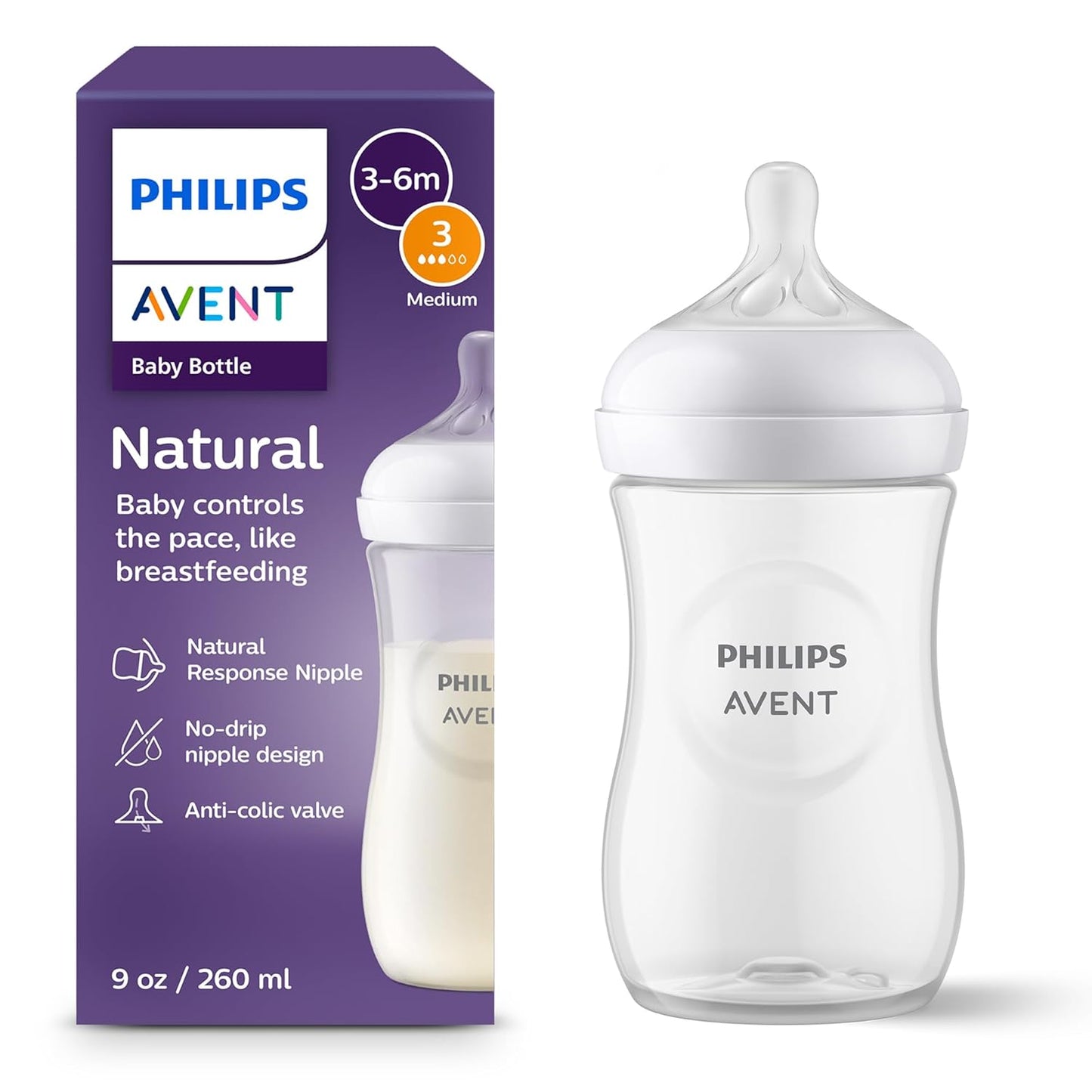 Philips Avent Natural Baby Bottles with Natural Response Nipples (Slow Flow, Flow 2), 4oz, 4-Pack, SCY900/04