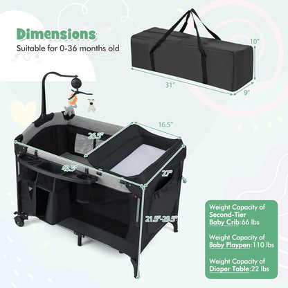 HONEY JOY Baby Bedside Sleeper, 6-in-1 Pack and Play w/Infant Bassinet, Diaper Changing Table & Portable Play Yard, 3 Adjustable Heights, Music Box & Side Storage Bag, Carry Bag(Black)