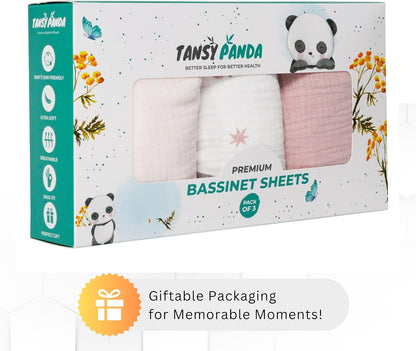 Muslin Bassinet Sheets for Angelbliss, Cowiewie, Amke, Jimglo, Suihuooo, Wayfong Baby Bassinet Bedside Sleeper by TansyPanda, 3PC, 20×33in, Ultra Soft, Breathable, Snug Fit, Unisex Boys Girls, Maadi