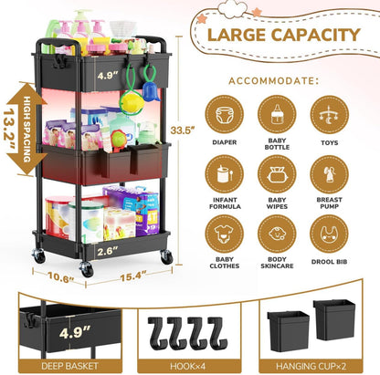 Goovilla Diaper Cart with Lockable Wheels and Easy Assembly, 3 Tier Black Rolling Cart for Baby Nursery Storage, Sturdy Ample Diaper Caddy Organizer for Baby Girl, Boy, New Mom, Newborn Essentials