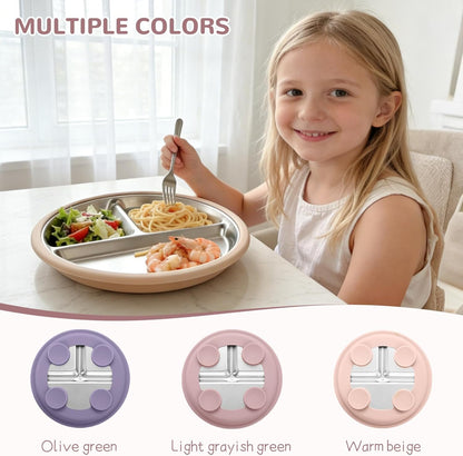 SPMKTQK 3Pack Sainless Steel Kids Plates with Suction, 8.1” Divided Toddler Baby Plates with Removable Silicone Sleeves BPA Free Non-Slip 2-in-1 Anti Breakage Metal Toddler Bowls